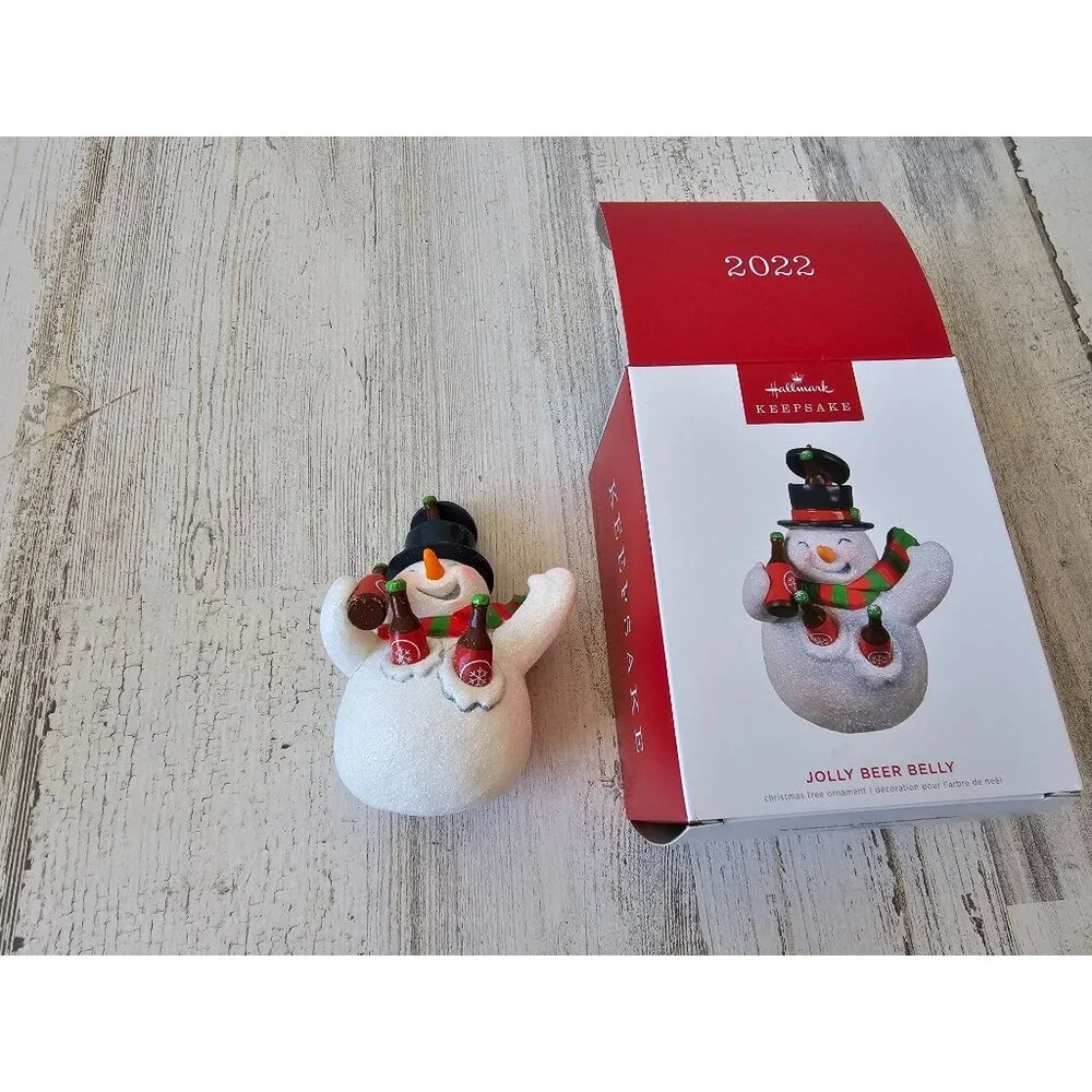 Hallmark jolly beer belly snowman ornament new‎ Xmas tree